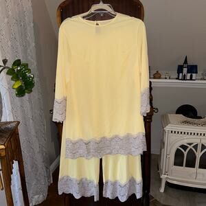 Vintage 60s 2 pc pajamas GILEAD yellow nylon lace Medium MCM wide leg langenlook